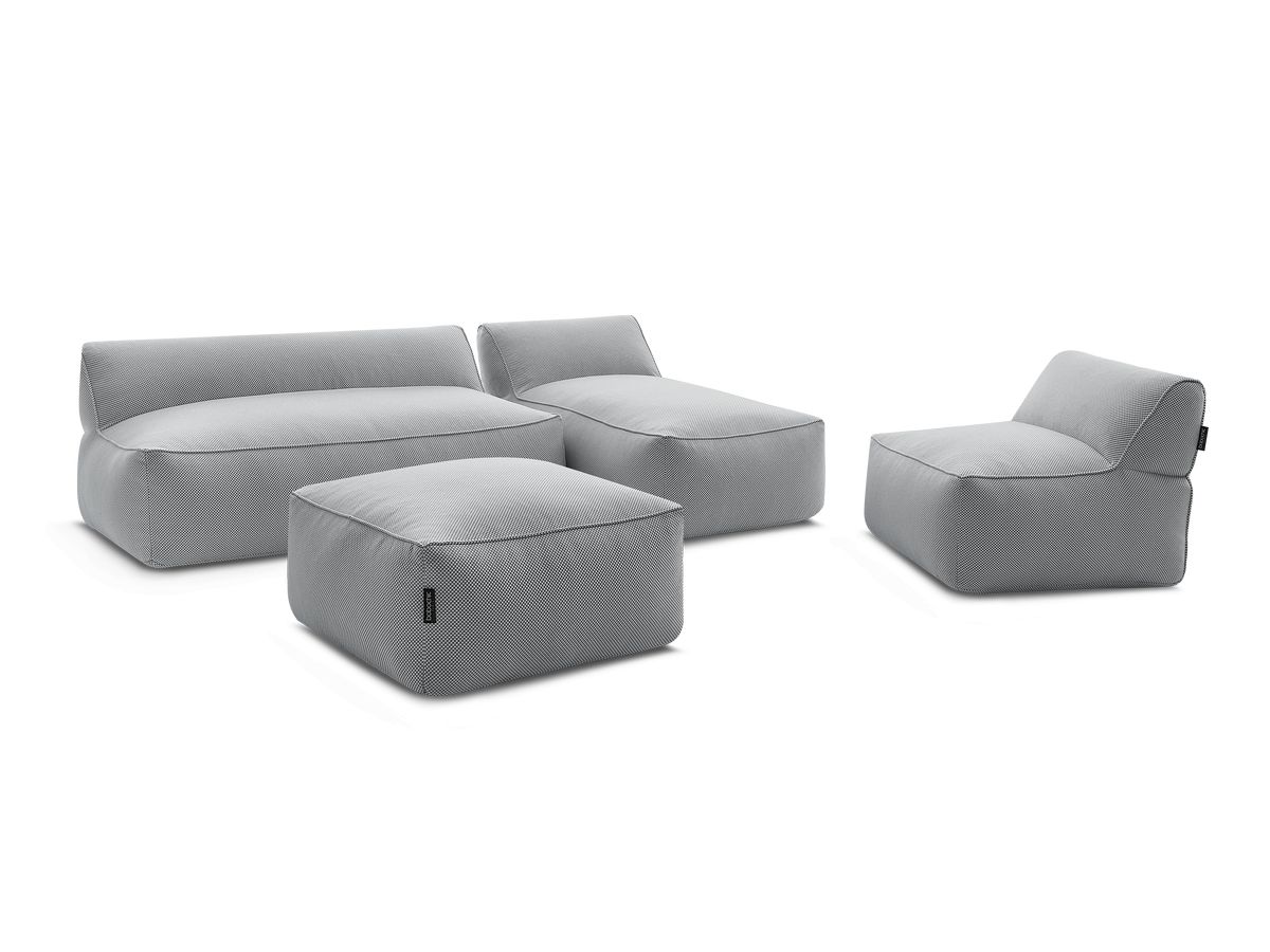 Modulaire tuinbank RIVIERA in gemêleerde stof met 1 eenpersoonsfauteuil, 1 tweepersoonsfauteuil, 1 chaise longue en 1 poef