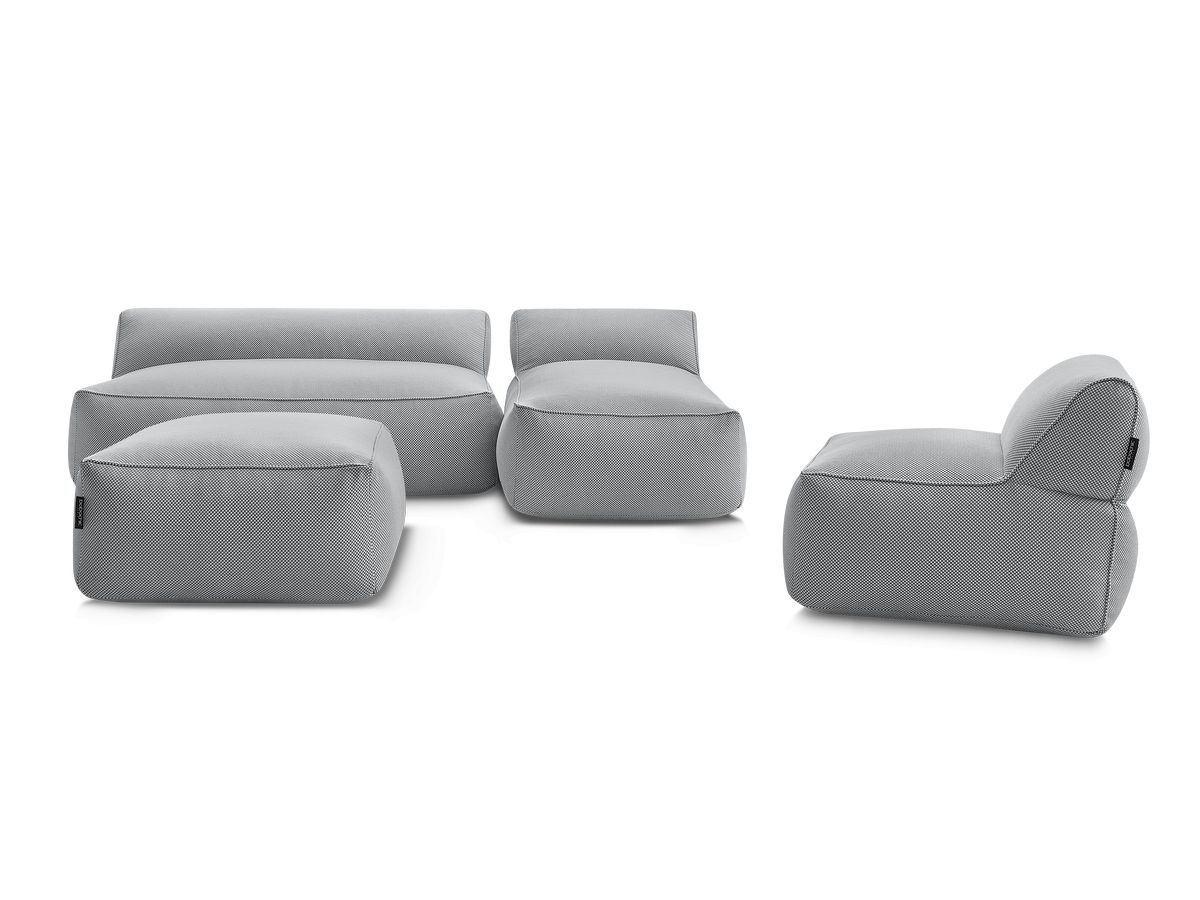 Modulaire tuinbank RIVIERA in gemêleerde stof met 1 eenpersoonsfauteuil, 1 tweepersoonsfauteuil, 1 chaise longue en 1 poef