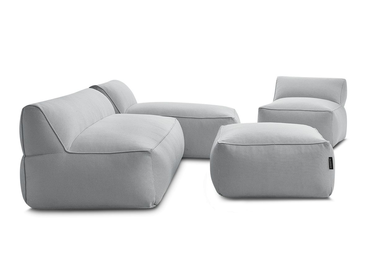 Modulaire tuinbank RIVIERA in gemêleerde stof met 1 eenpersoonsfauteuil, 1 tweepersoonsfauteuil, 1 chaise longue en 1 poef