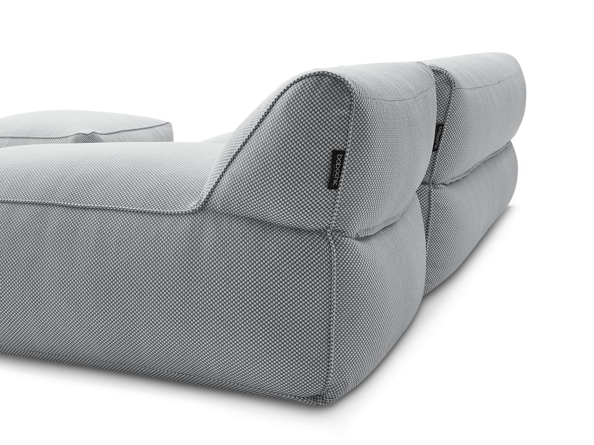 Modulaire tuinbank RIVIERA in gemêleerde stof met 1 eenpersoonsfauteuil, 1 tweepersoonsfauteuil, 1 chaise longue en 1 poef