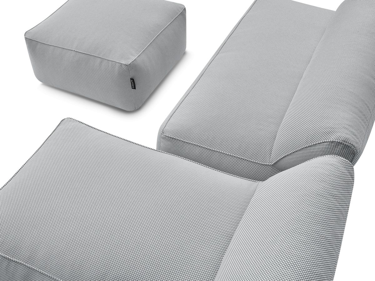 Modulaire tuinbank RIVIERA in gemêleerde stof met 1 eenpersoonsfauteuil, 1 tweepersoonsfauteuil, 1 chaise longue en 1 poef