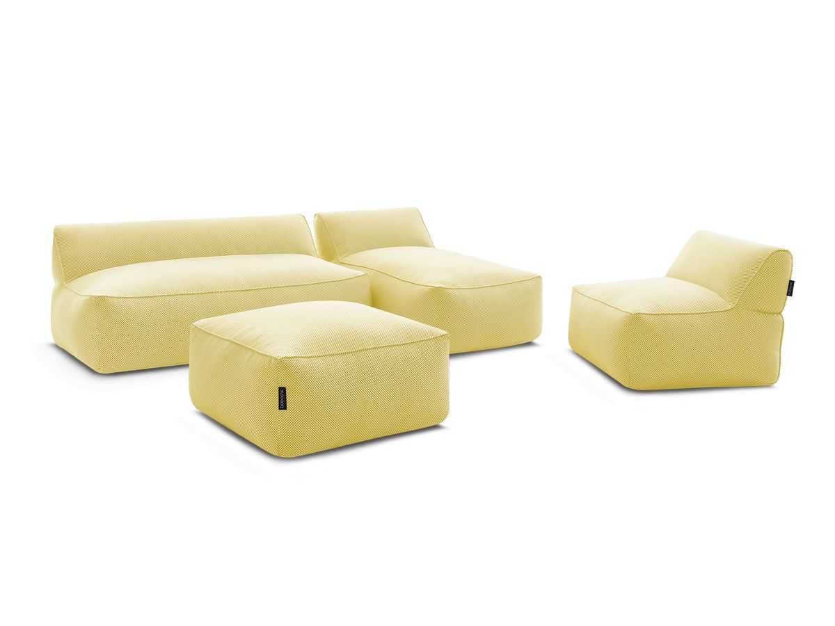 Modulaire tuinbank RIVIERA in gemêleerde stof met 1 eenpersoonsfauteuil, 1 tweepersoonsfauteuil, 1 chaise longue en 1 poef