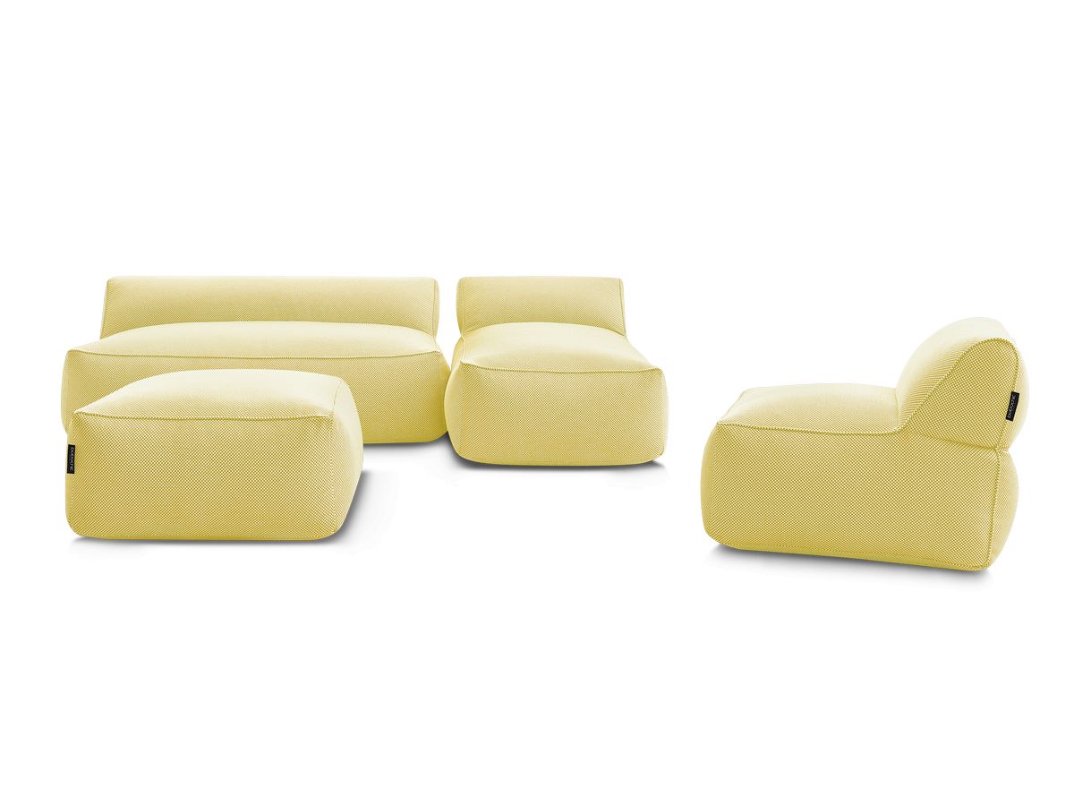 Modulaire tuinbank RIVIERA in gemêleerde stof met 1 eenpersoonsfauteuil, 1 tweepersoonsfauteuil, 1 chaise longue en 1 poef