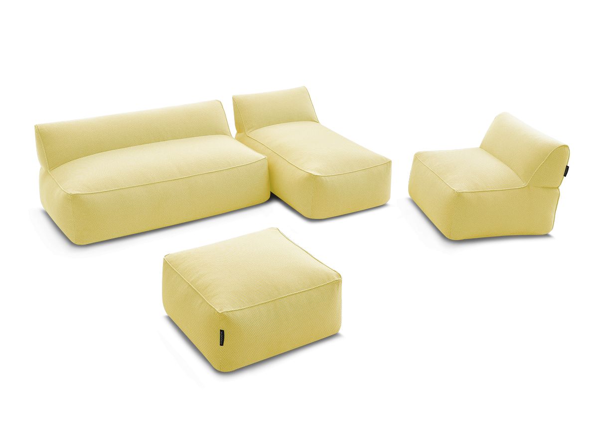 Modulaire tuinbank RIVIERA in gemêleerde stof met 1 eenpersoonsfauteuil, 1 tweepersoonsfauteuil, 1 chaise longue en 1 poef