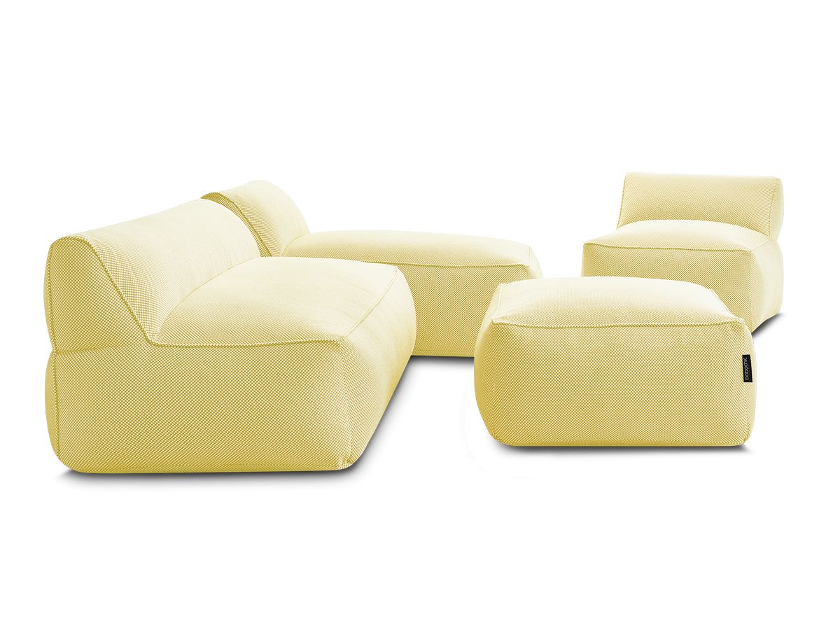 Modulaire tuinbank RIVIERA in gemêleerde stof met 1 eenpersoonsfauteuil, 1 tweepersoonsfauteuil, 1 chaise longue en 1 poef