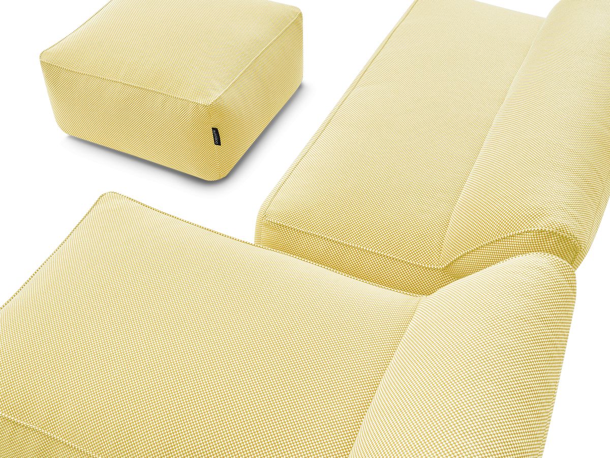 Modulaire tuinbank RIVIERA in gemêleerde stof met 1 eenpersoonsfauteuil, 1 tweepersoonsfauteuil, 1 chaise longue en 1 poef