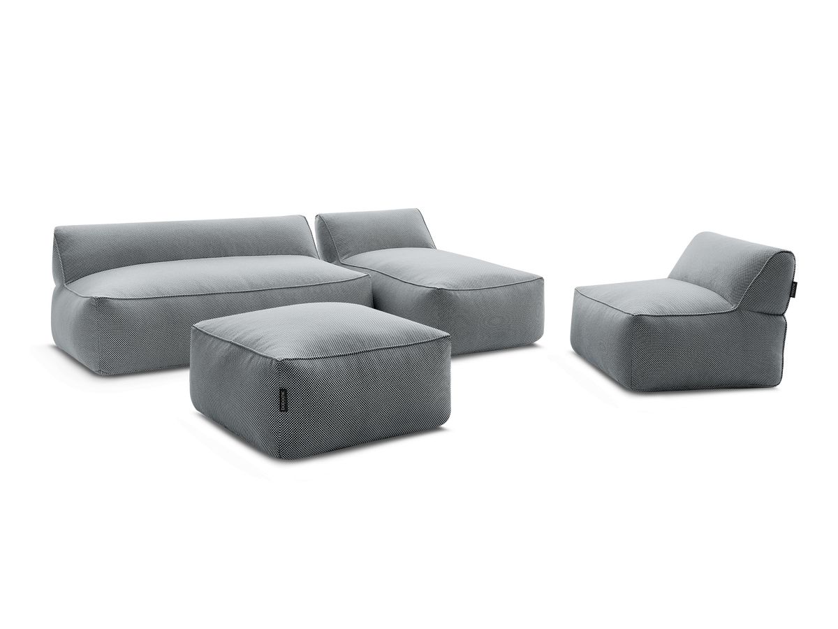 Modulaire tuinbank RIVIERA in gemêleerde stof met 1 eenpersoonsfauteuil, 1 tweepersoonsfauteuil, 1 chaise longue en 1 poef