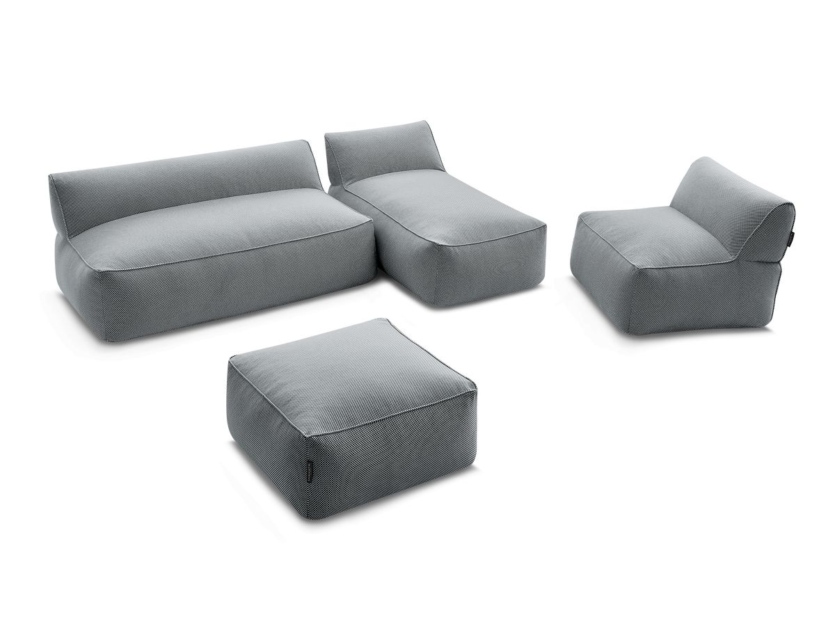 Modulaire tuinbank RIVIERA in gemêleerde stof met 1 eenpersoonsfauteuil, 1 tweepersoonsfauteuil, 1 chaise longue en 1 poef