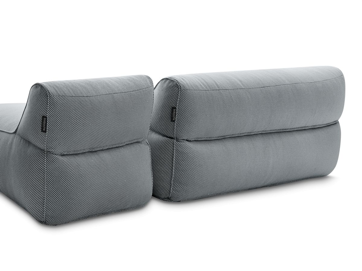 Modulaire tuinbank RIVIERA in gemêleerde stof met 1 eenpersoonsfauteuil, 1 tweepersoonsfauteuil, 1 chaise longue en 1 poef