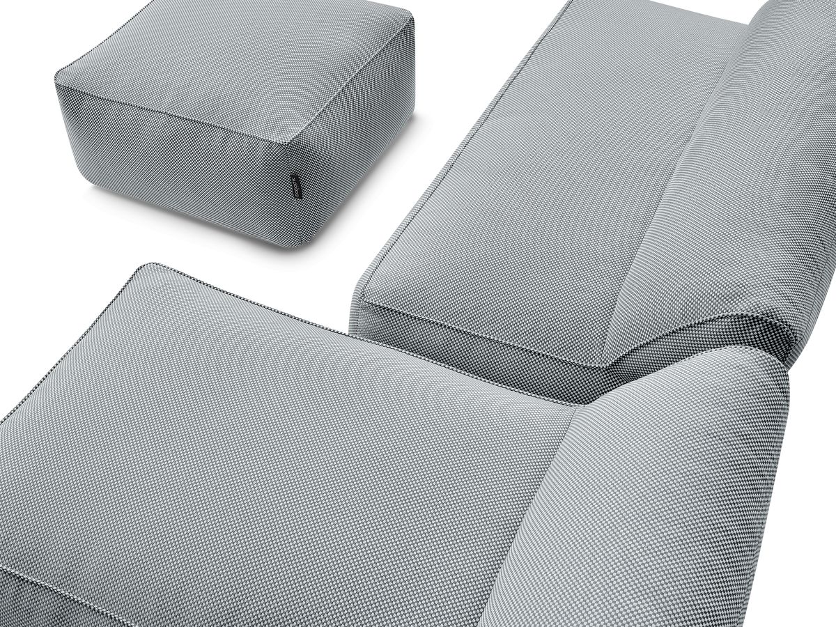 Modulaire tuinbank RIVIERA in gemêleerde stof met 1 eenpersoonsfauteuil, 1 tweepersoonsfauteuil, 1 chaise longue en 1 poef