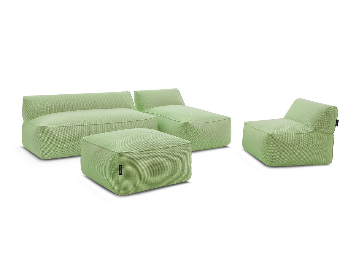 Modulaire tuinbank RIVIERA in gemêleerde stof met 1 eenpersoonsfauteuil, 1 tweepersoonsfauteuil, 1 chaise longue en 1 poef