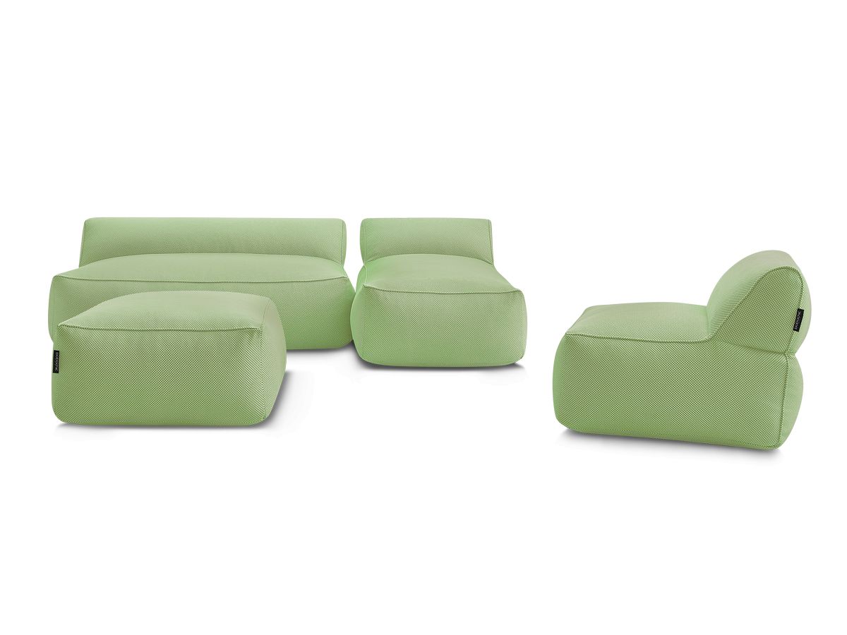 Modulaire tuinbank RIVIERA in gemêleerde stof met 1 eenpersoonsfauteuil, 1 tweepersoonsfauteuil, 1 chaise longue en 1 poef