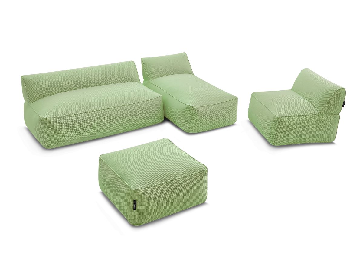 Modulaire tuinbank RIVIERA in gemêleerde stof met 1 eenpersoonsfauteuil, 1 tweepersoonsfauteuil, 1 chaise longue en 1 poef