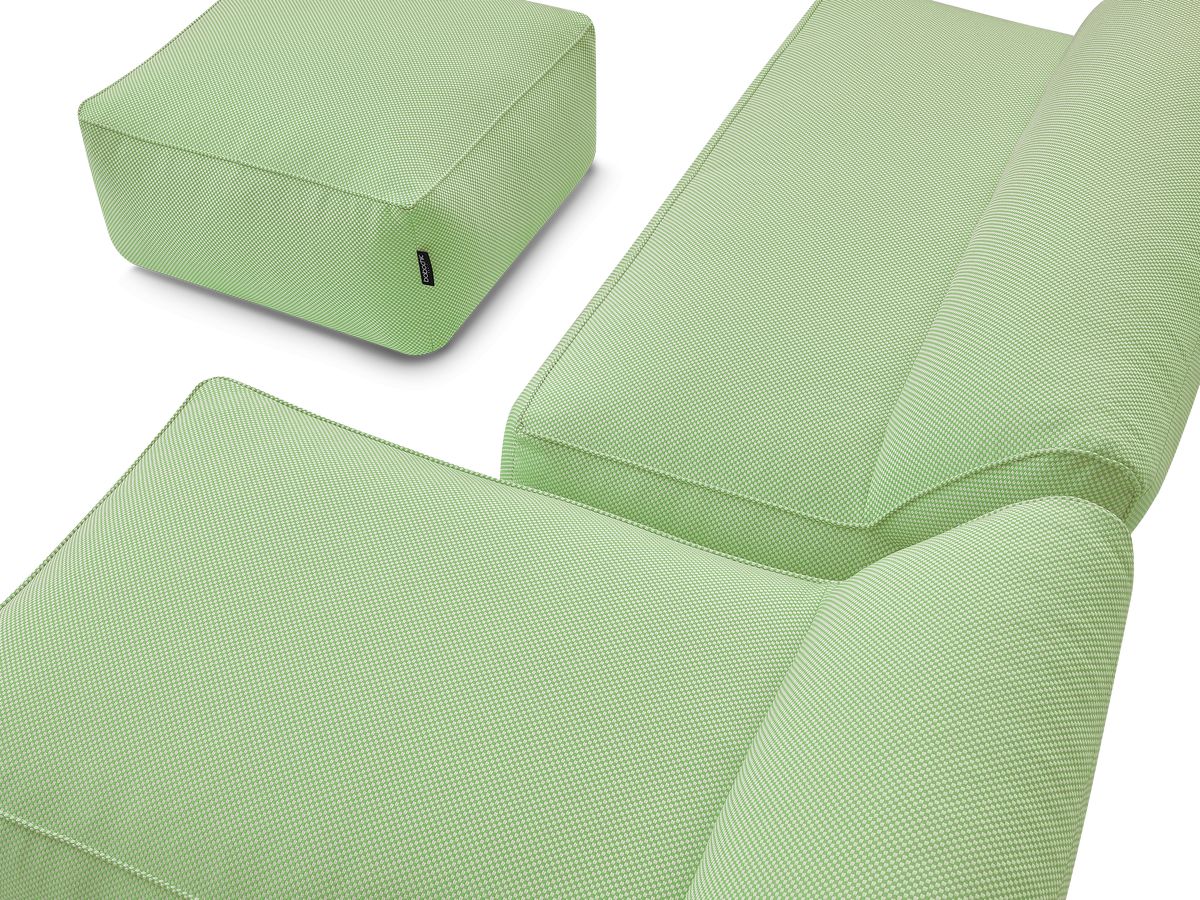 Modulaire tuinbank RIVIERA in gemêleerde stof met 1 eenpersoonsfauteuil, 1 tweepersoonsfauteuil, 1 chaise longue en 1 poef