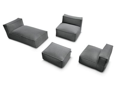 Canapé de jardin modulable BIARRITZ avec bâche de protection, 2 chauffeuses 1 place, 1 méridienne et 1 pouf