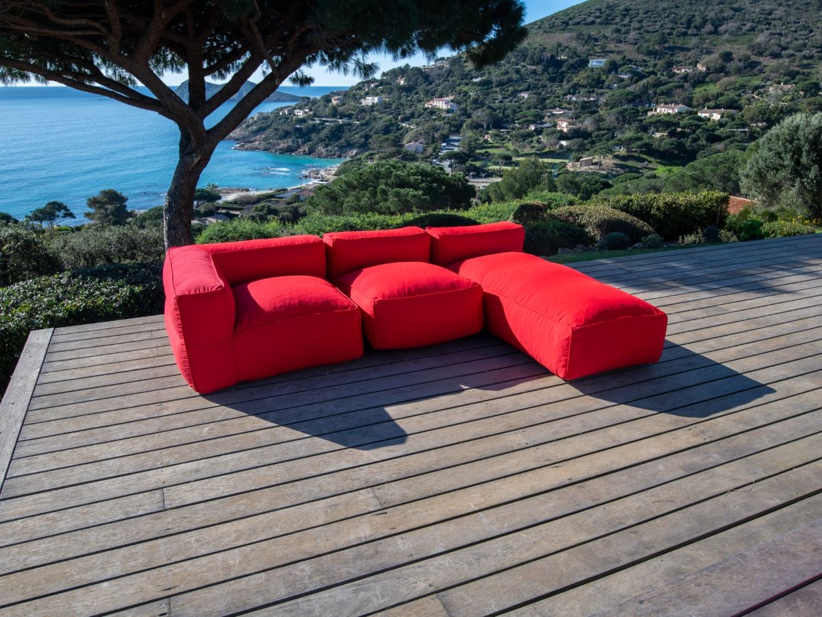 Canapé de jardin modulable GIULIA avec bâche de protection, 1 chauffeuse 1 place, 1 angle et 1 méridienne