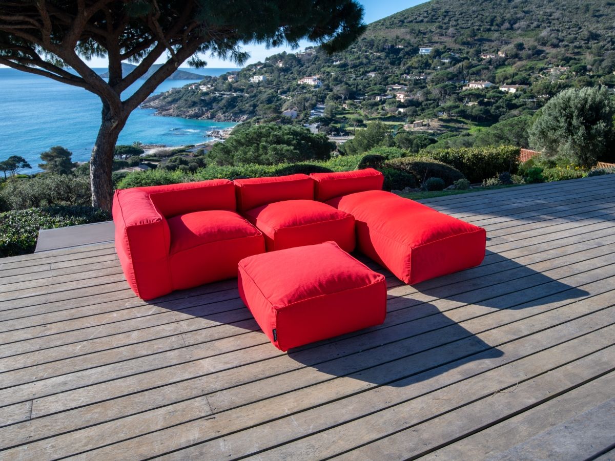 Canapé de jardin modulable GIULIA avec bâche de protection, 1 chauffeuse 1 place, 1 angle, 1 méridienne et 1 pouf