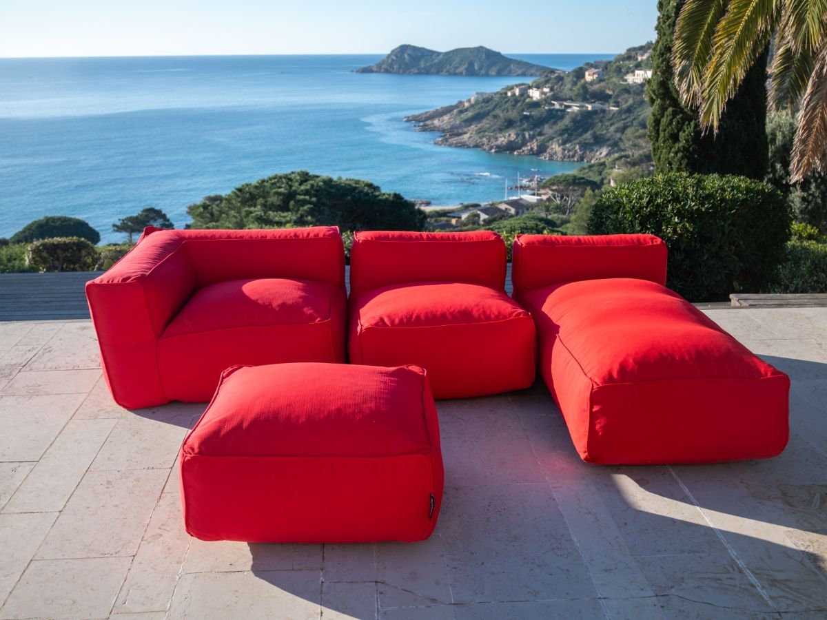 Canapé de jardin modulable GIULIA avec bâche de protection, 1 chauffeuse 1 place, 1 angle, 1 méridienne et 1 pouf