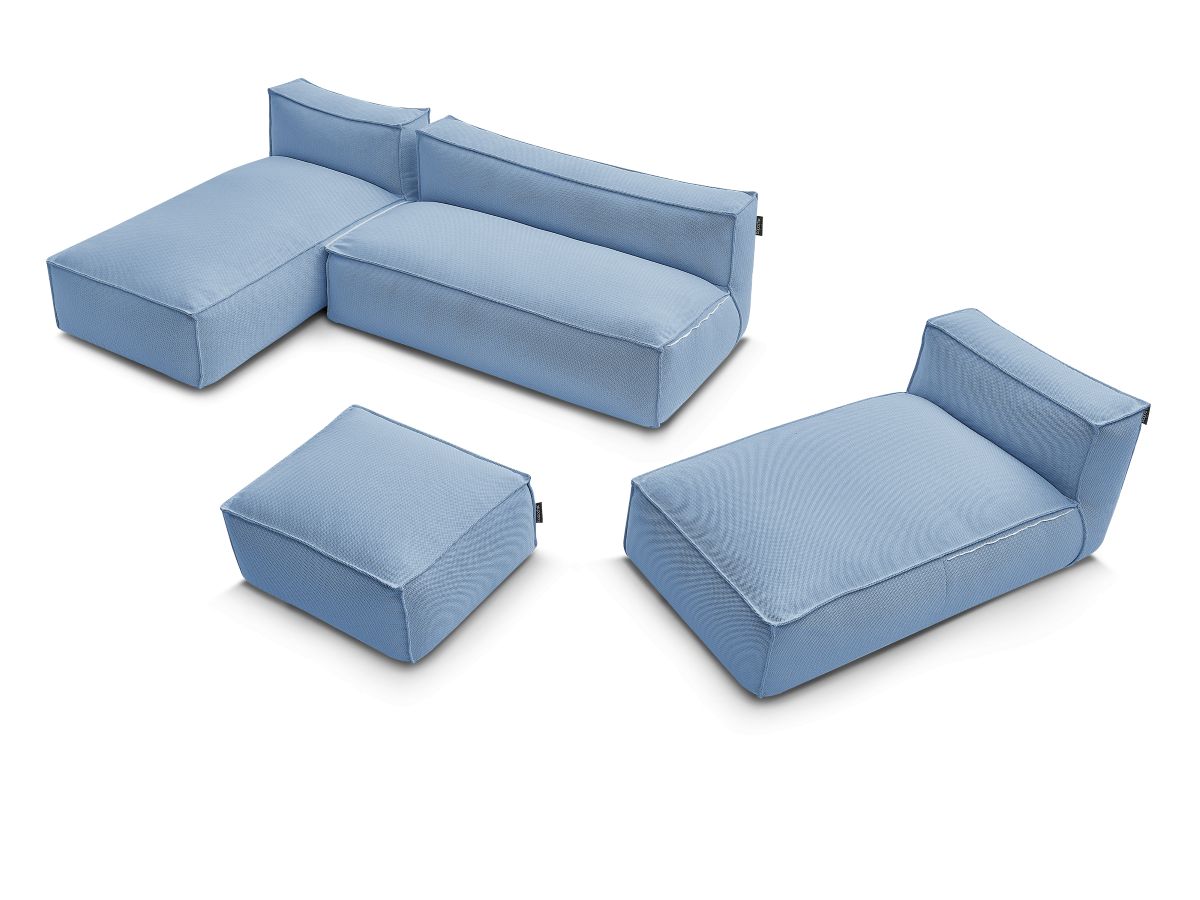 Modulaire tuinbank BIARRITZ met beschermhoes, 1 2-zits fauteuil, 2 chaise longues en 1 poef