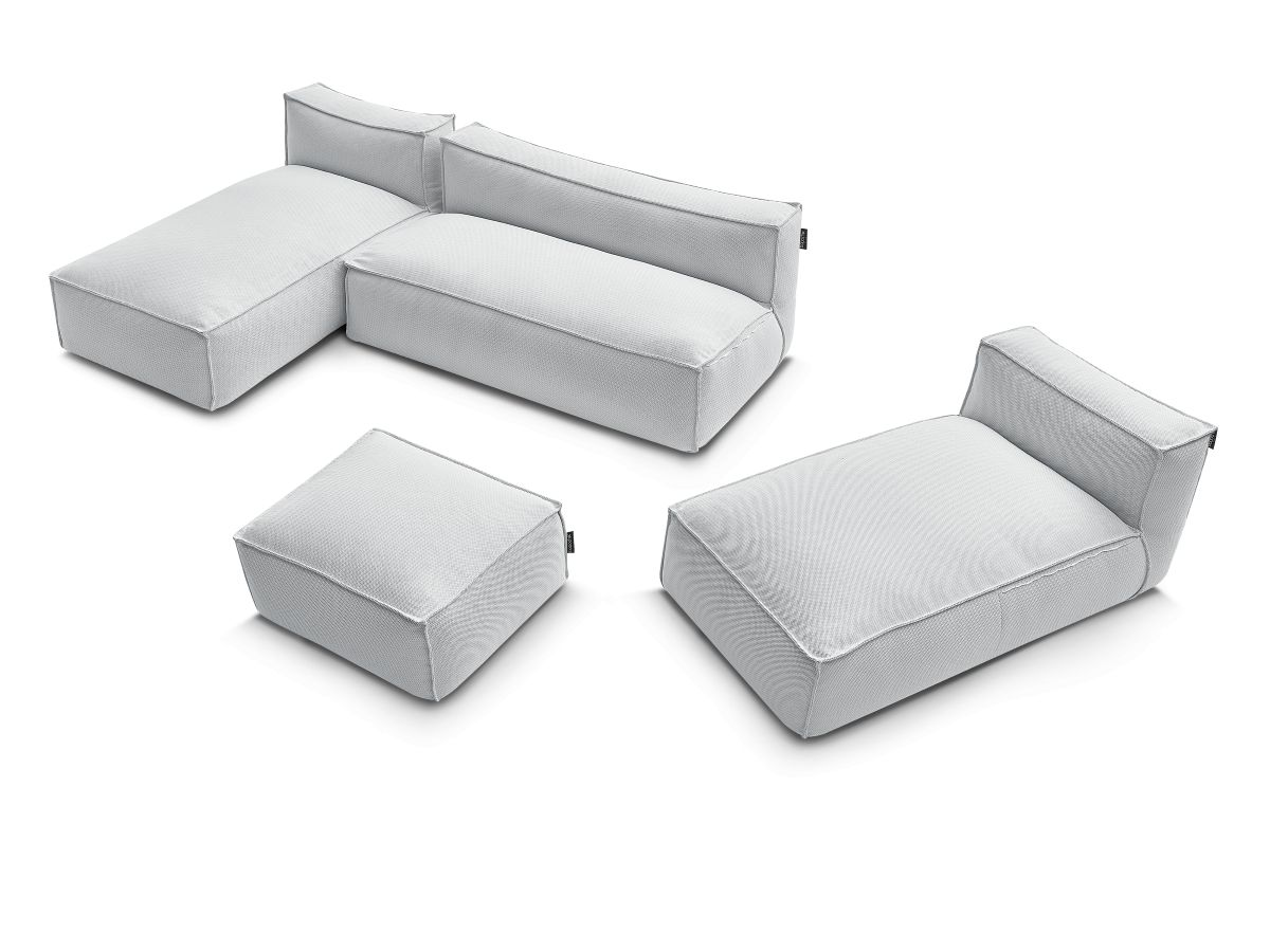Modulaire tuinbank BIARRITZ met beschermhoes, 1 2-zits fauteuil, 2 chaise longues en 1 poef
