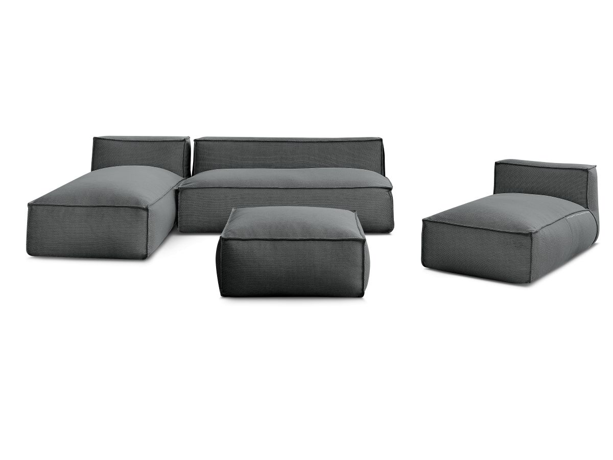 Modulaire tuinbank BIARRITZ met beschermhoes, 1 2-zits fauteuil, 2 chaise longues en 1 poef