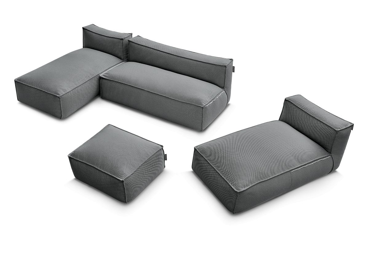 Modulaire tuinbank BIARRITZ met beschermhoes, 1 2-zits fauteuil, 2 chaise longues en 1 poef