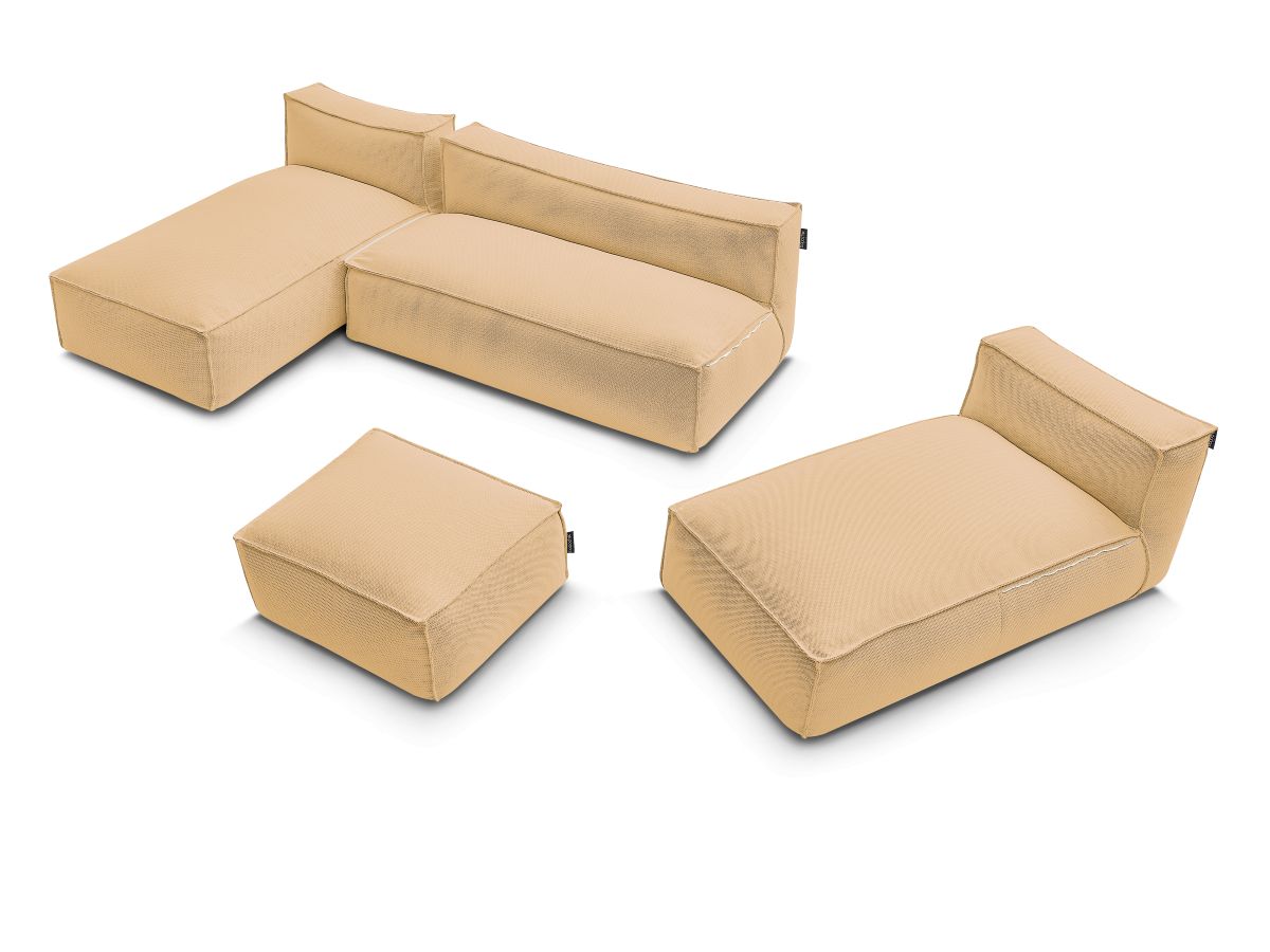 Modulaire tuinbank BIARRITZ met beschermhoes, 1 2-zits fauteuil, 2 chaise longues en 1 poef