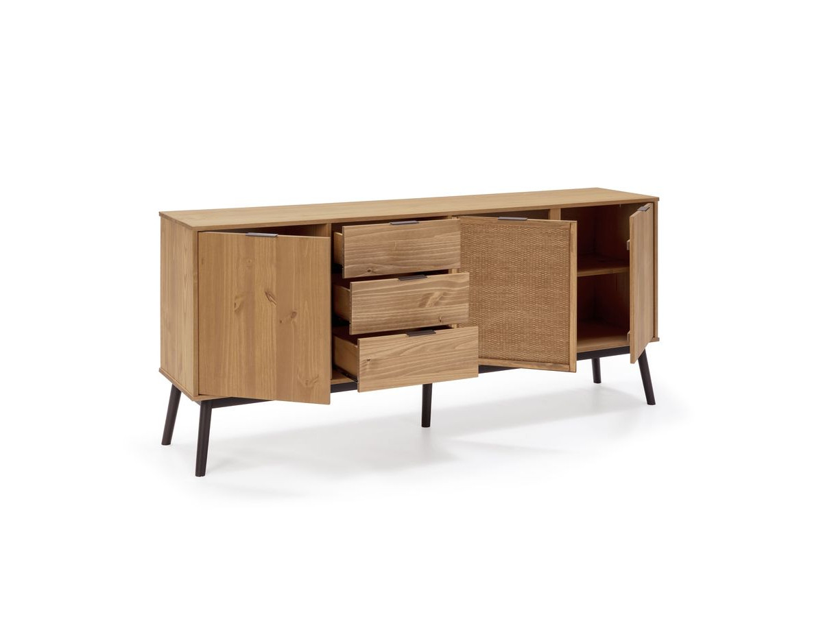 Dressoir 3 deuren 186 cm ALBI in massief hout en rotan