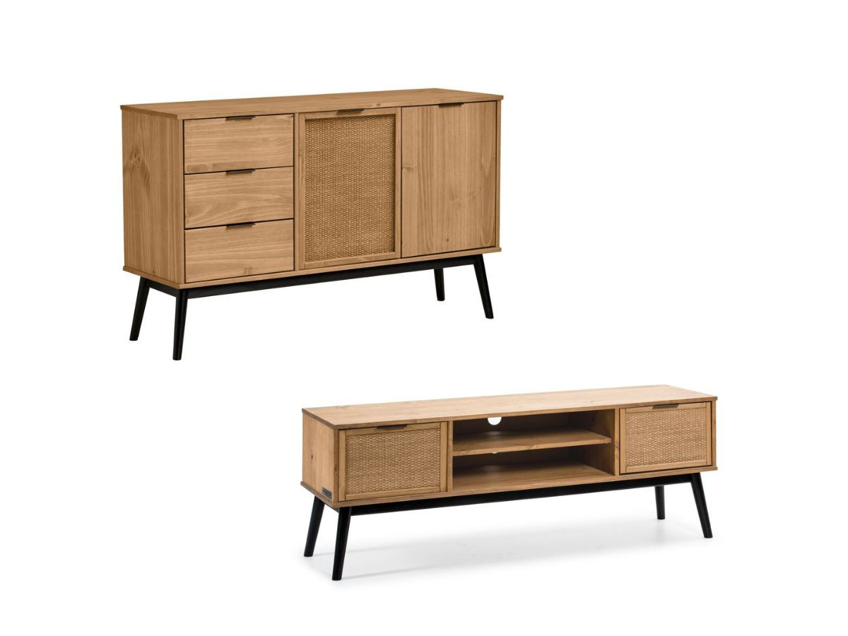 ALBI set met 130 cm dressoir + 140 cm tv-meubel in massief hout en rotan