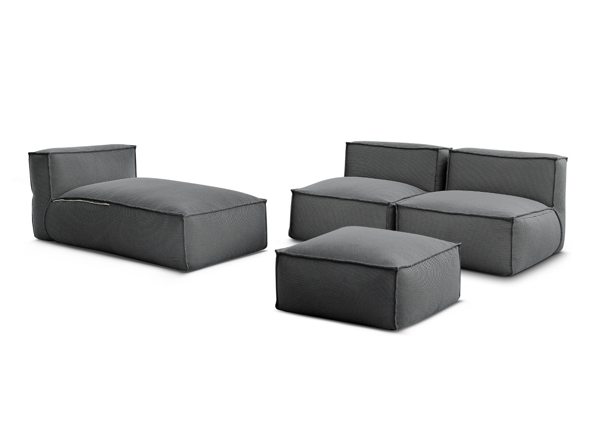 Canapé de jardin modulable BIARRITZ avec bâche de protection, 2 chauffeuses 1 place, 1 méridienne et 1 pouf