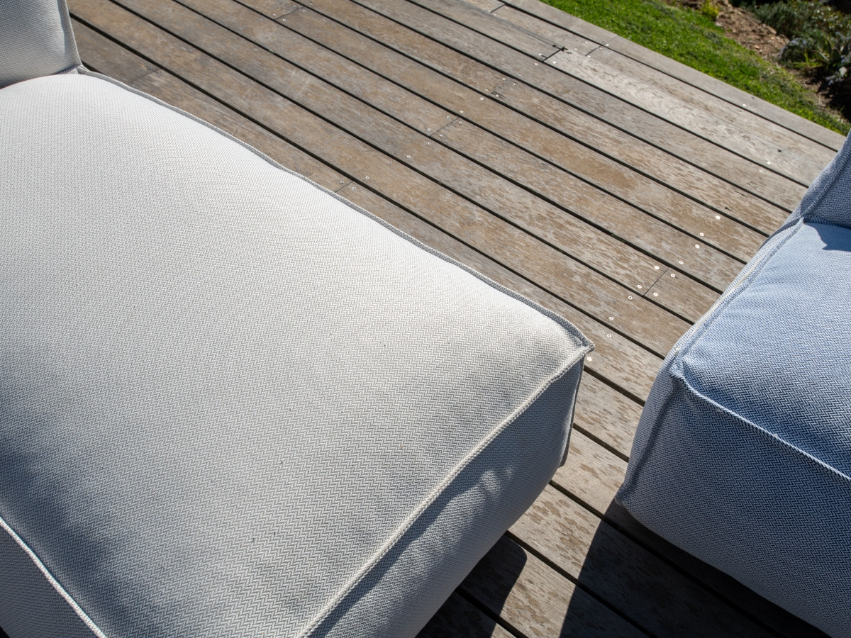 Modulaire tuinbank BIARRITZ met beschermhoes, 1 2-zits fauteuil, 2 chaise longues en 1 poef