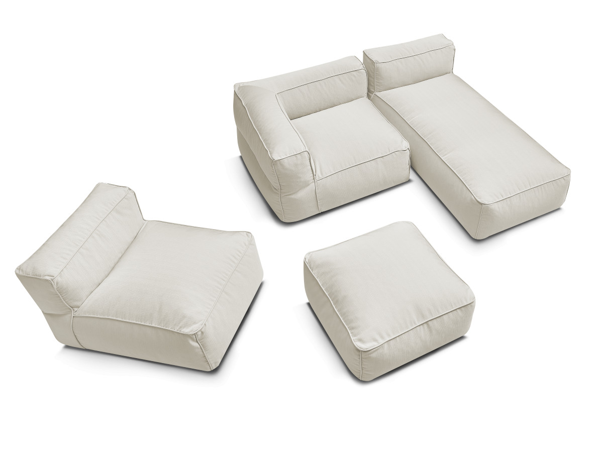 Canapé de jardin modulable GIULIA avec bâche de protection, 1 chauffeuse 1 place, 1 angle, 1 méridienne et 1 pouf