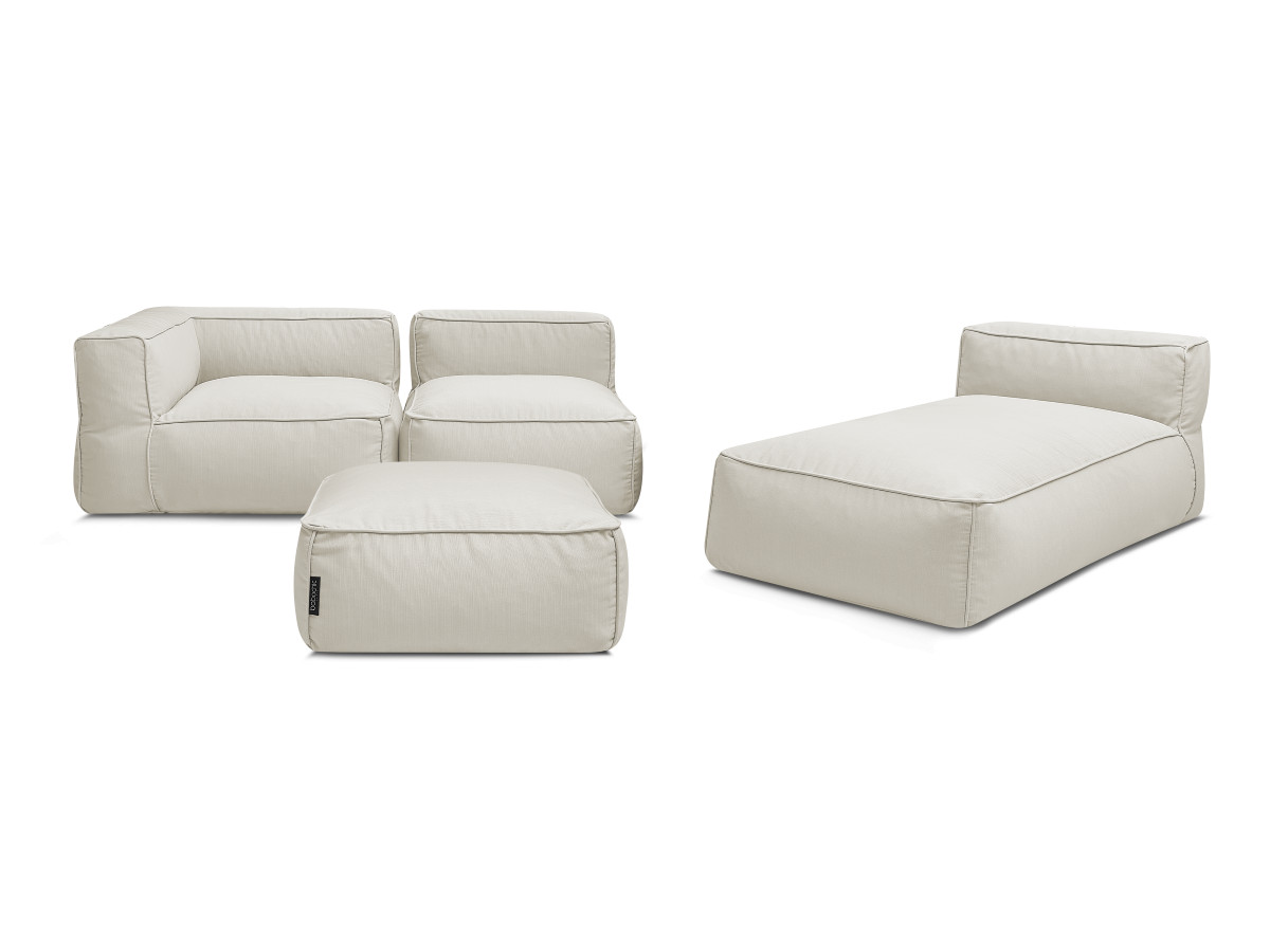 Canapé de jardin modulable GIULIA avec bâche de protection, 1 chauffeuse 1 place, 1 angle, 1 méridienne et 1 pouf