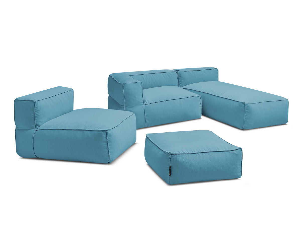 Canapé de jardin modulable GIULIA avec bâche de protection, 1 chauffeuse 1 place, 1 angle, 1 méridienne et 1 pouf