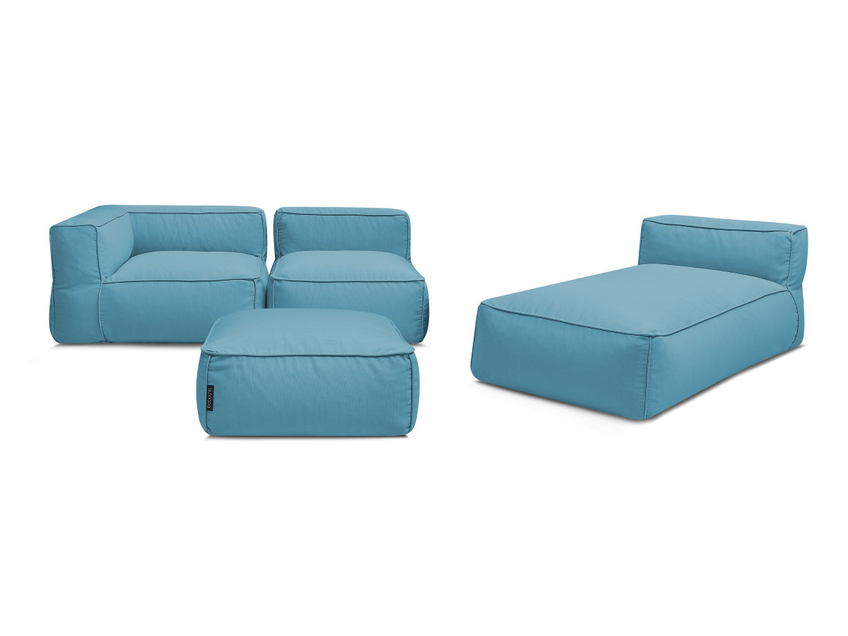 Canapé de jardin modulable GIULIA avec bâche de protection, 1 chauffeuse 1 place, 1 angle, 1 méridienne et 1 pouf