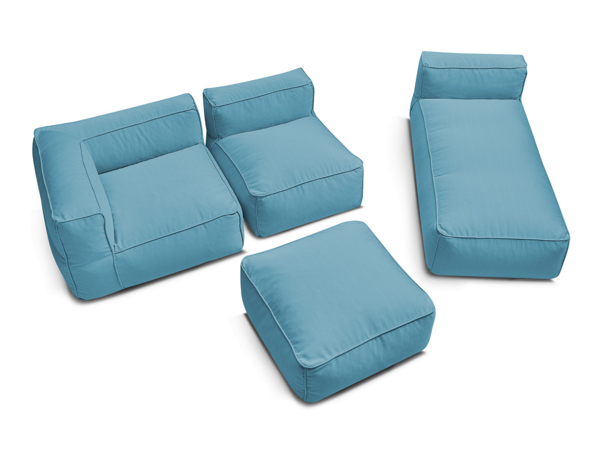Canapé de jardin modulable GIULIA avec bâche de protection, 1 chauffeuse 1 place, 1 angle, 1 méridienne et 1 pouf