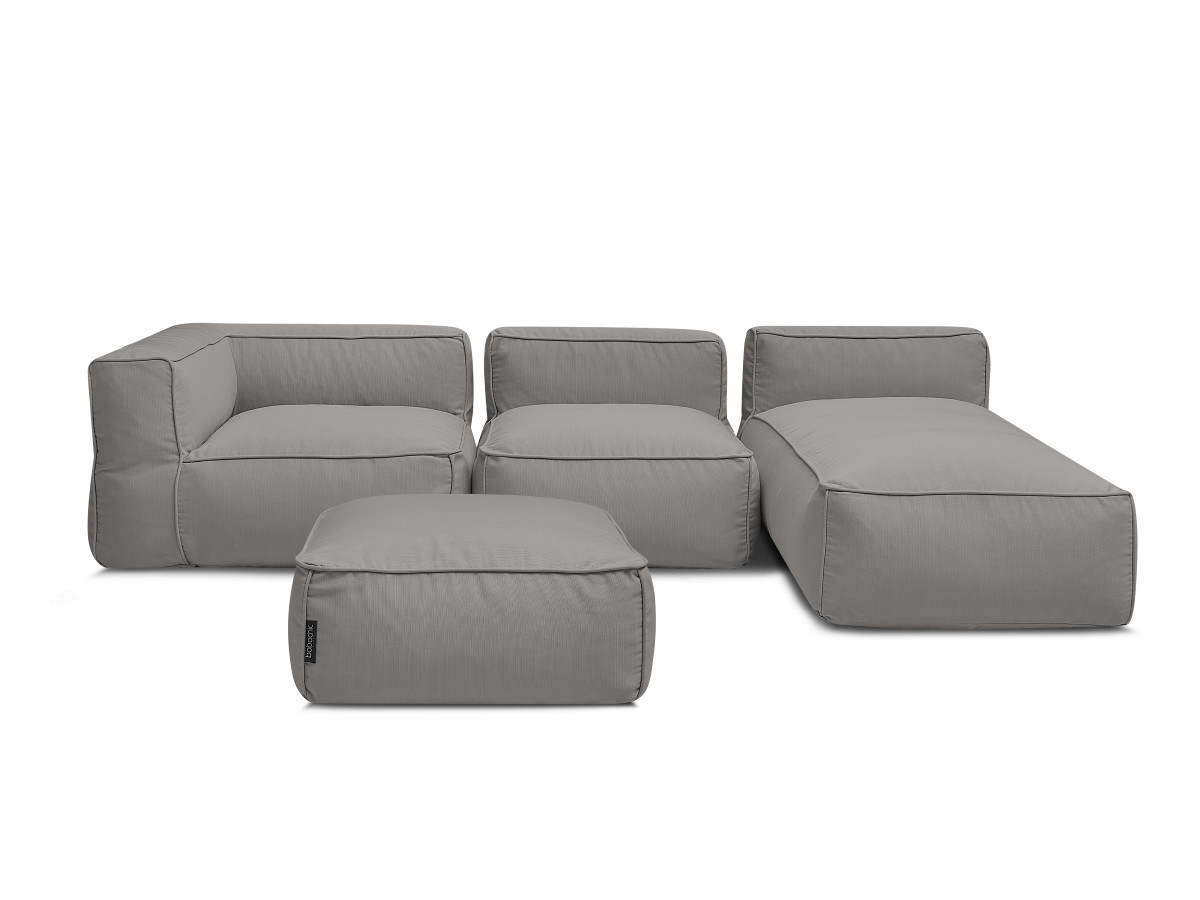 Canapé de jardin modulable GIULIA avec bâche de protection, 1 chauffeuse 1 place, 1 angle, 1 méridienne et 1 pouf