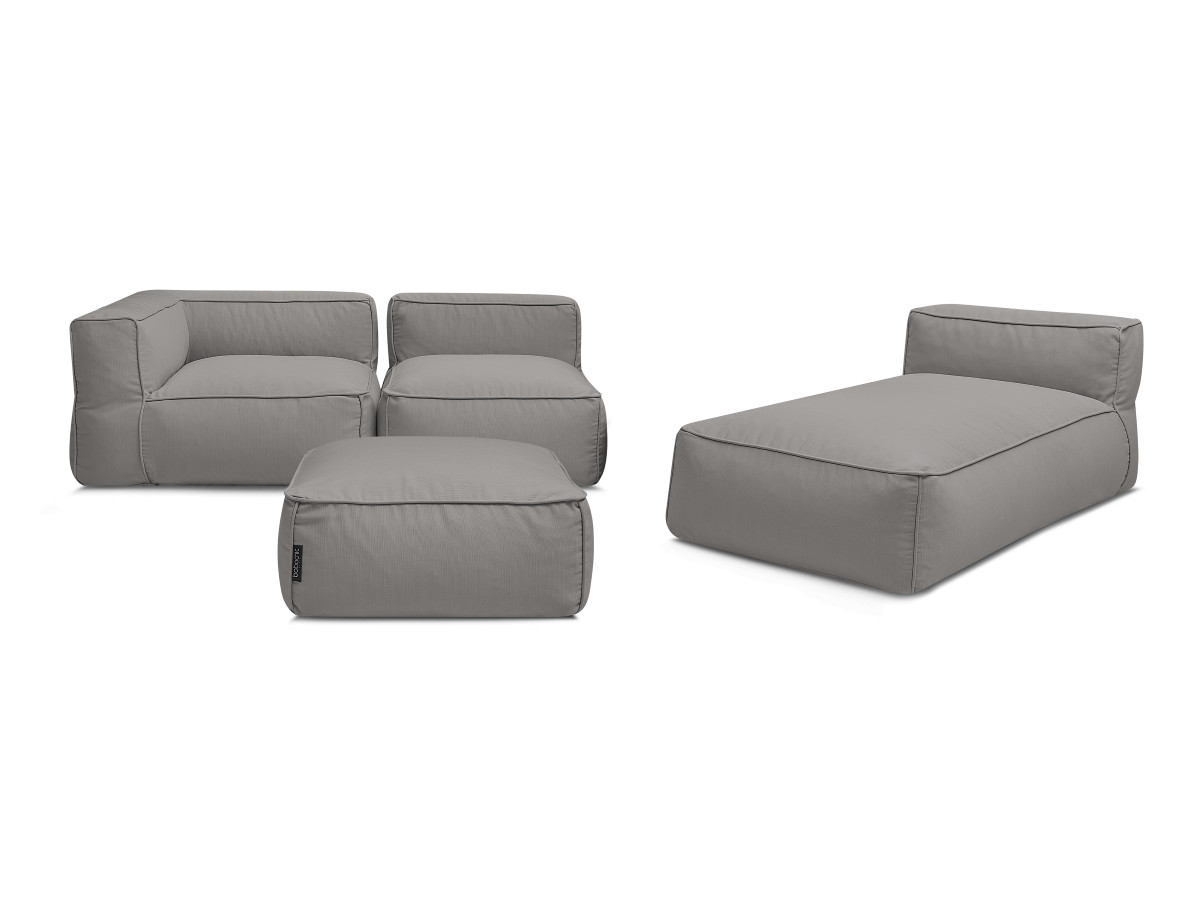 Canapé de jardin modulable GIULIA avec bâche de protection, 1 chauffeuse 1 place, 1 angle, 1 méridienne et 1 pouf