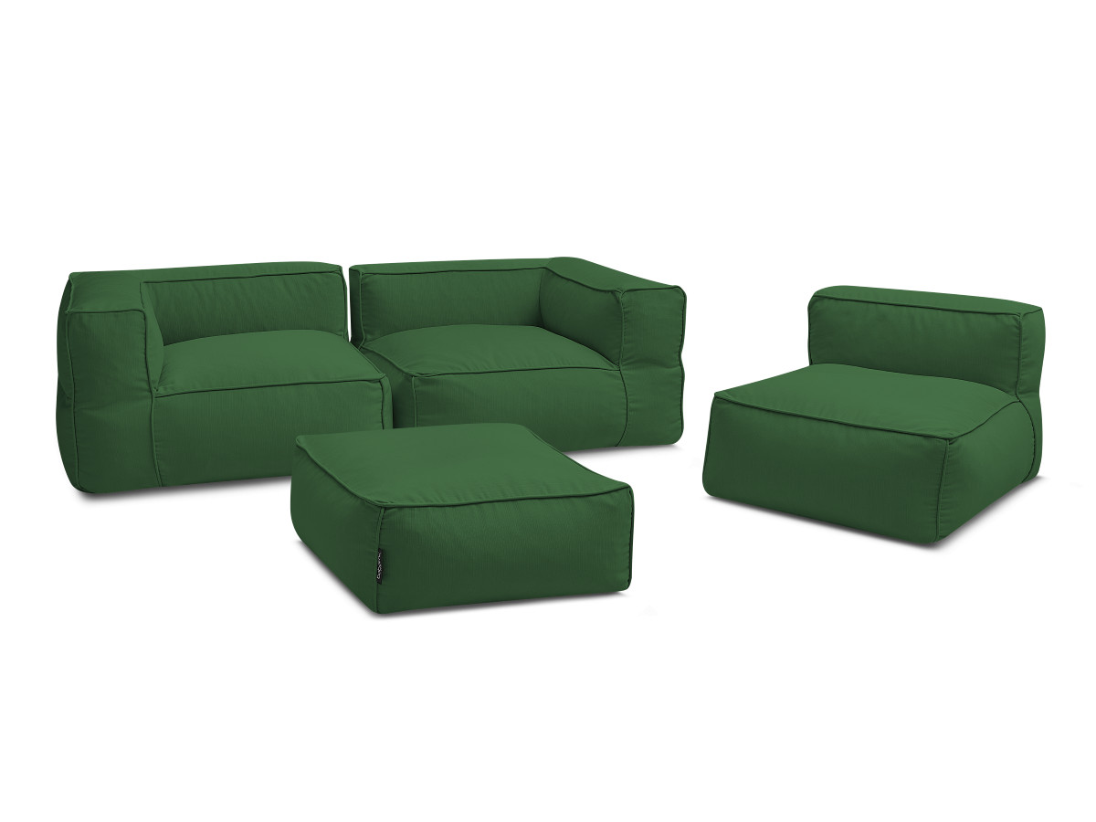 Canapé de jardin modulable GIULIA avec bâche de protection, 2 angles, 1 chauffeuse 1 place et 1 pouf vert   BOBOCHIC