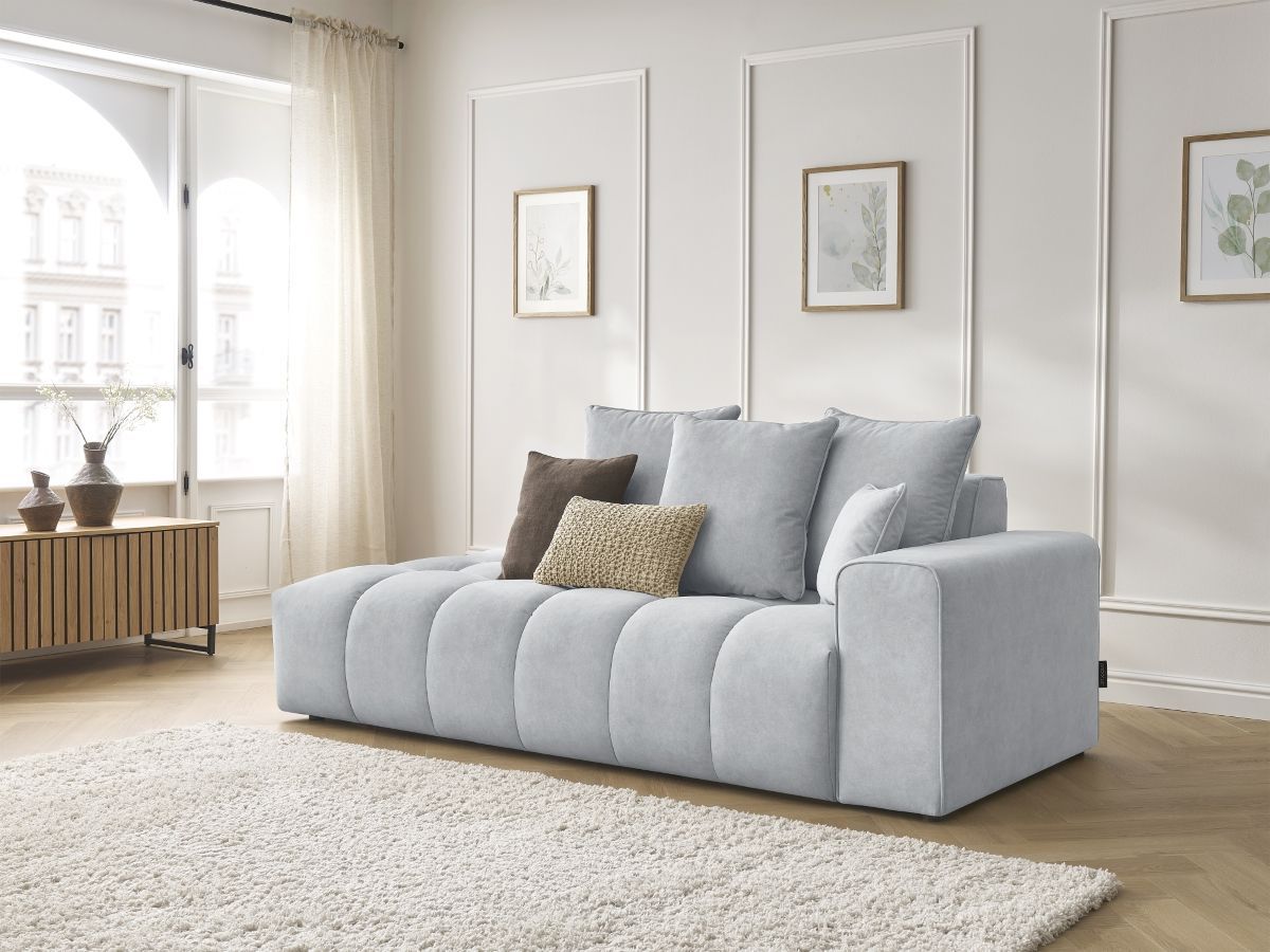 Canapé droit fixe ultra moelleux MONT-BLANC velours gris clair  accoudoir droit BOBOCHIC 4 places