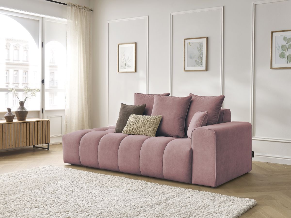 Canapé droit fixe ultra moelleux MONT-BLANC velours rose  accoudoir droit BOBOCHIC 4 places