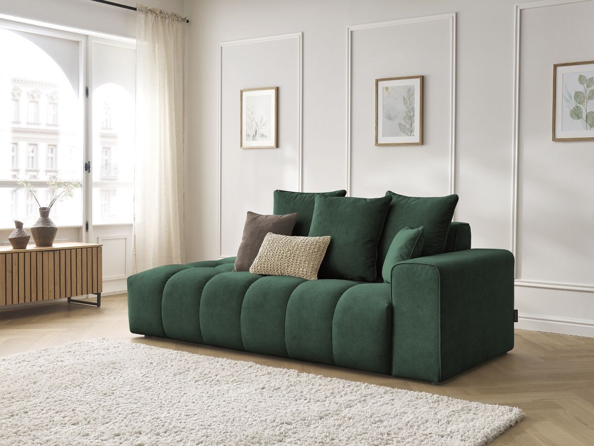 Canapé droit fixe ultra moelleux MONT-BLANC velours vert  accoudoir droit BOBOCHIC 4 places