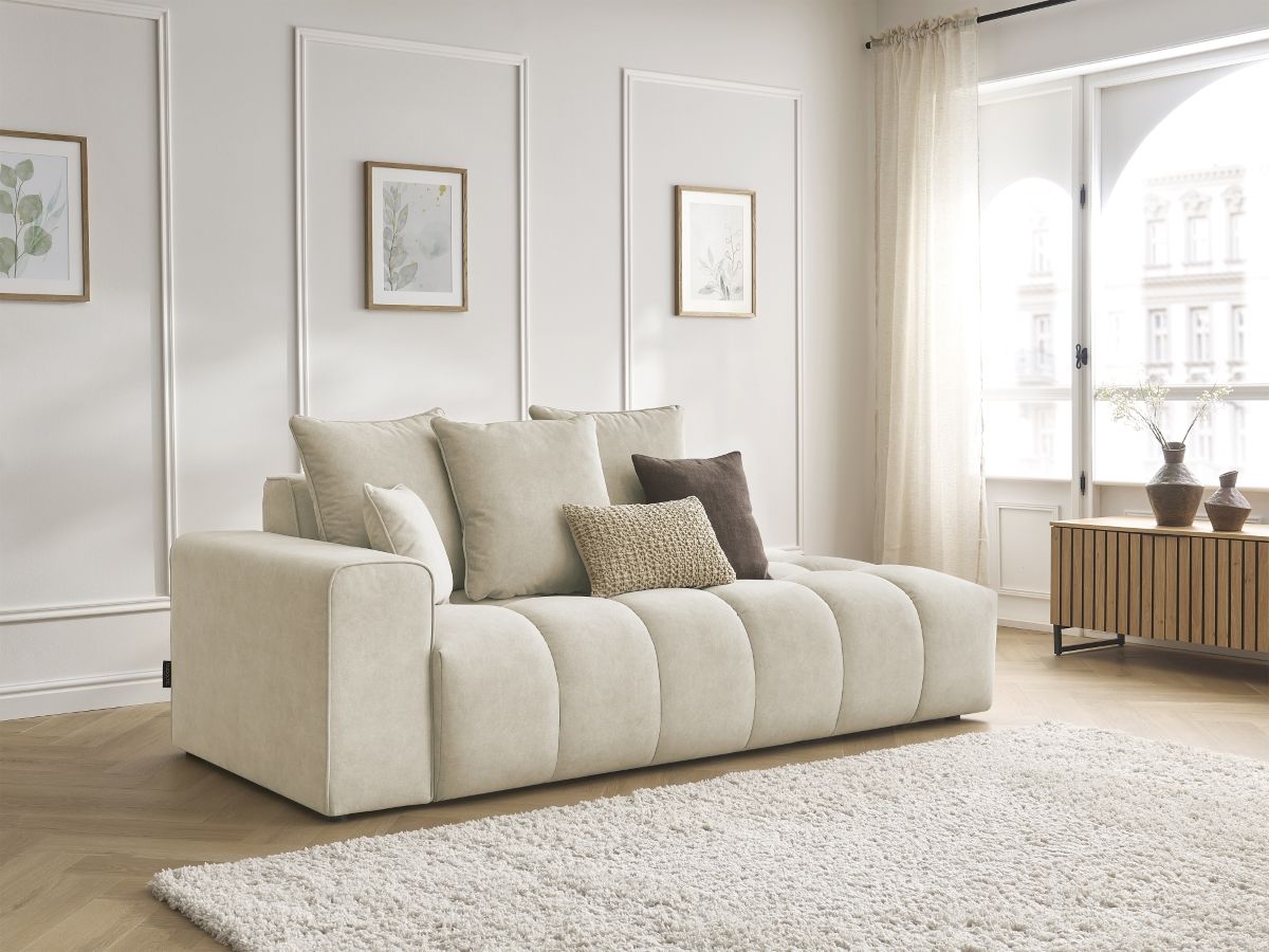 Canapé droit fixe ultra moelleux MONT-BLANC velours beige  accoudoir gauche BOBOCHIC 4 places