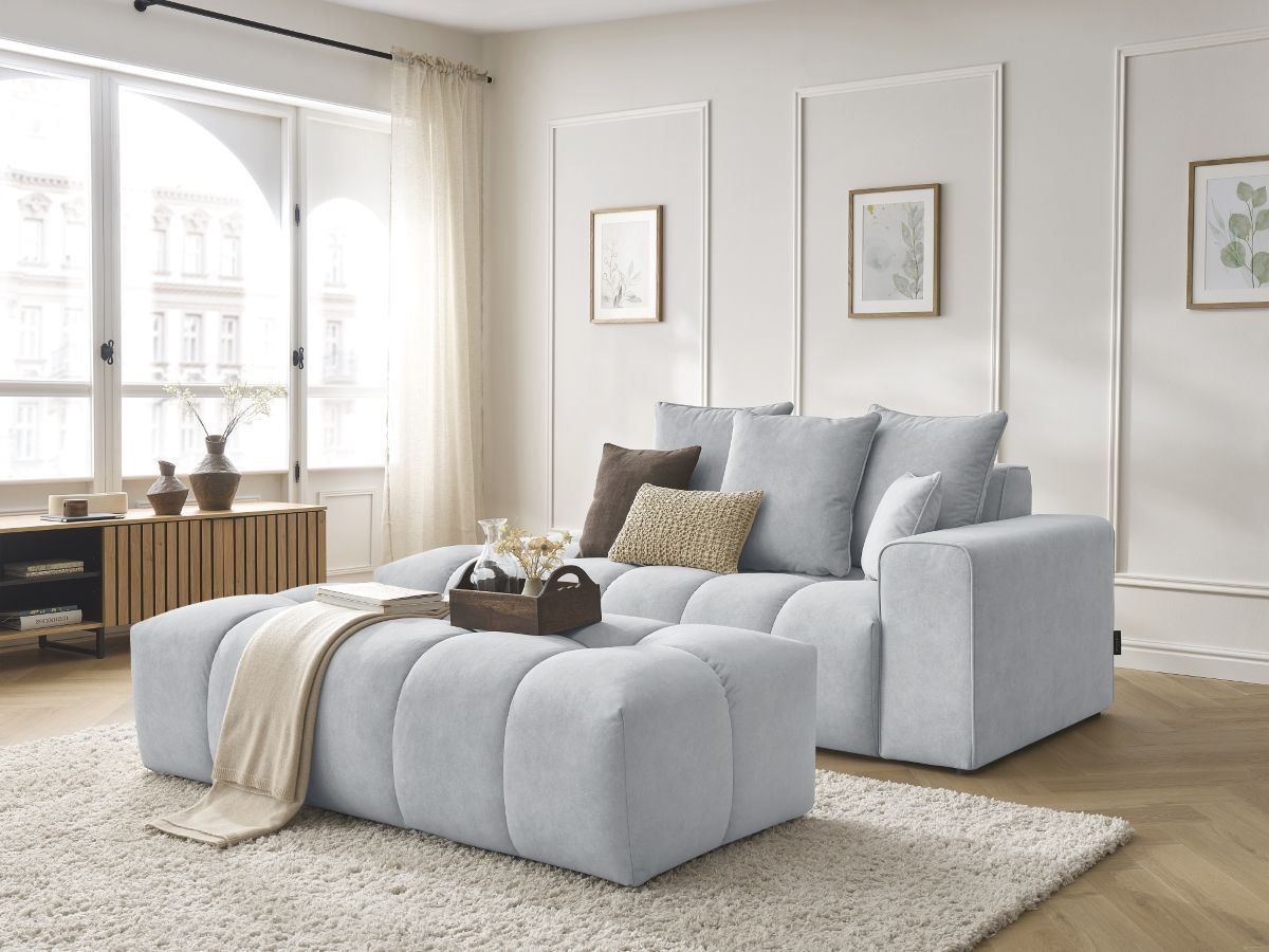 Canapé droit fixe MONT-BLANC velours avec pouf | BOBOCHIC