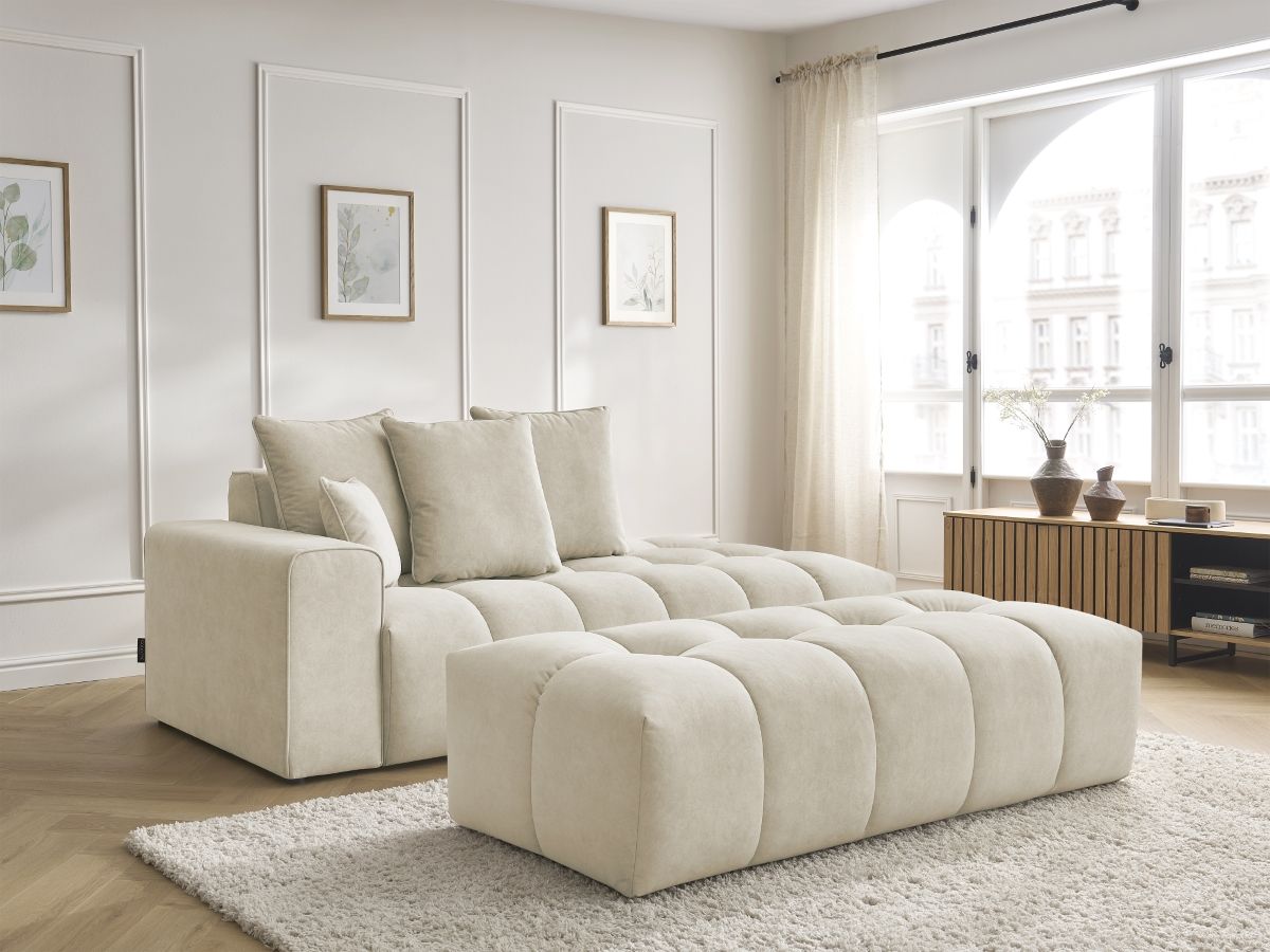 Canapé droit fixe MONT-BLANC velours avec pouf beige accoudoir gauche BOBOCHIC 5 places - Vue supplémentaire 3