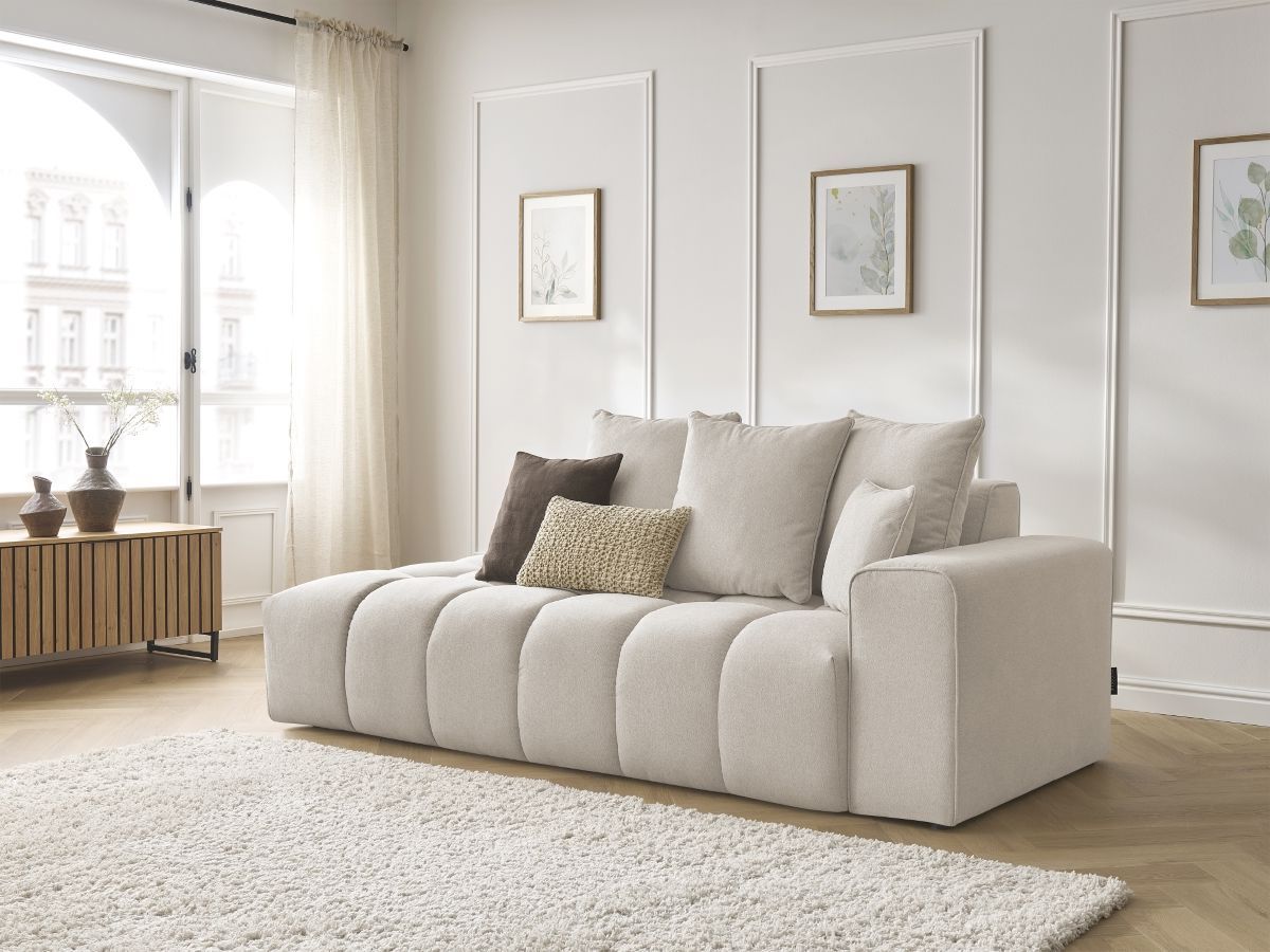 Canapé droit fixe ultra moelleux MONT-BLANC tissu chiné beige  accoudoir droit BOBOCHIC 4 places