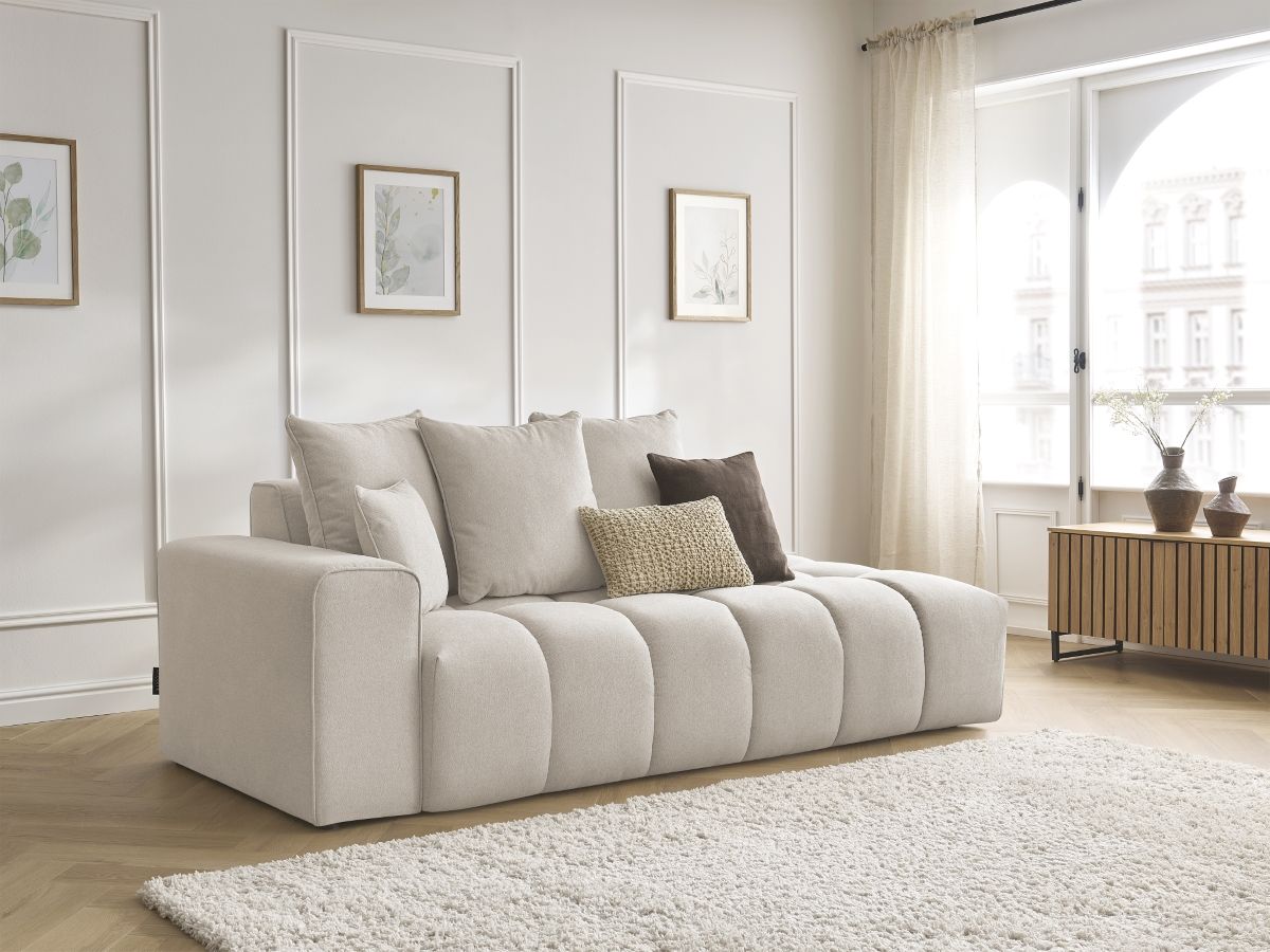 Canapé droit fixe ultra moelleux MONT-BLANC tissu chiné beige  accoudoir gauche BOBOCHIC 4 places