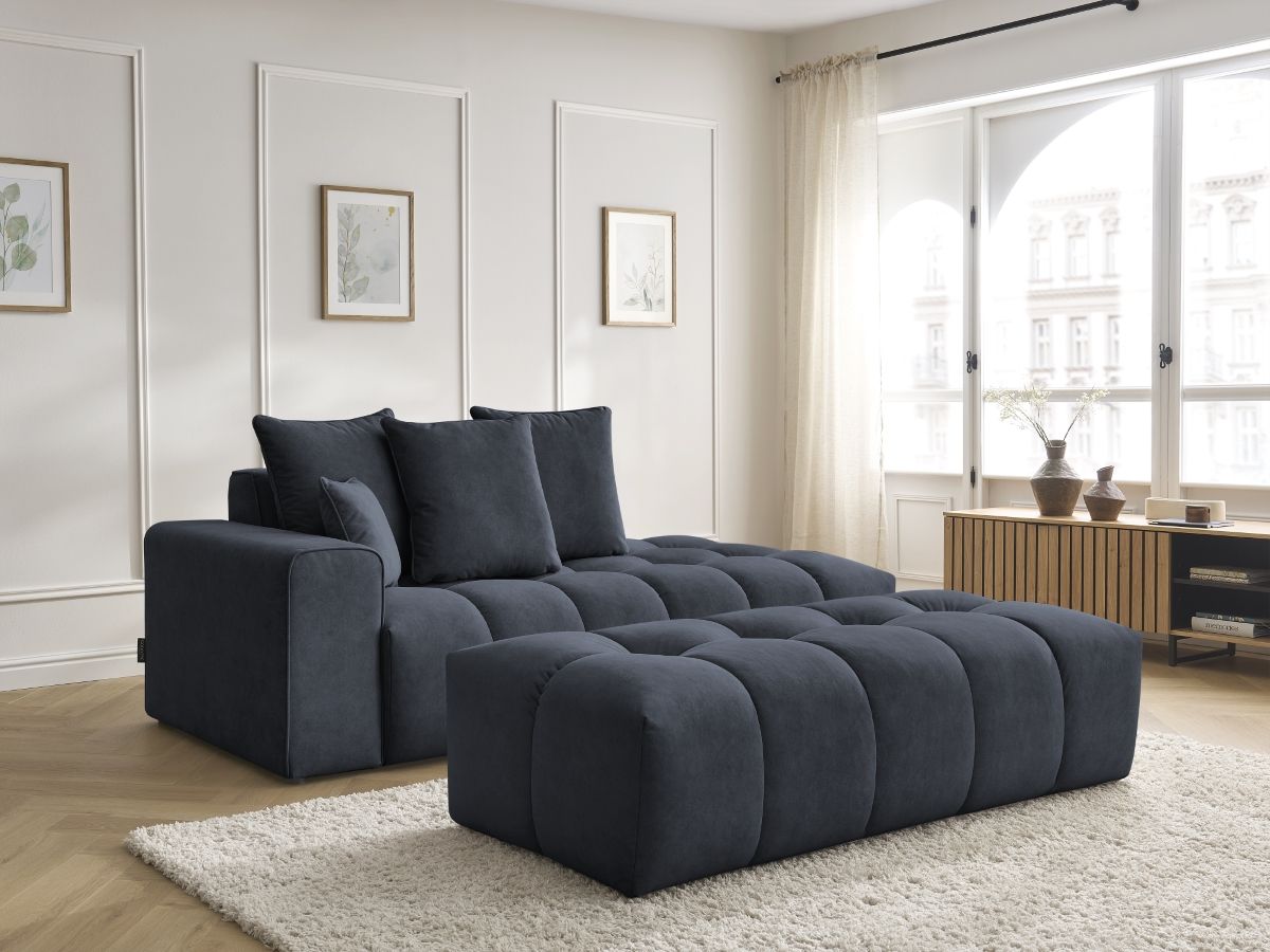 Canapé droit fixe MONT-BLANC velours avec pouf bleu foncé accoudoir gauche BOBOCHIC 5 places - Vue supplémentaire 3