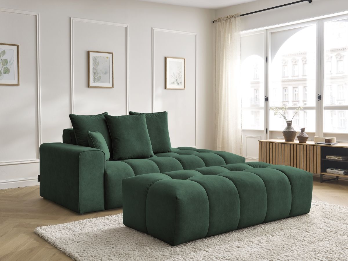 Canapé droit fixe MONT-BLANC velours avec pouf vert accoudoir gauche BOBOCHIC 5 places - Vue supplémentaire 3