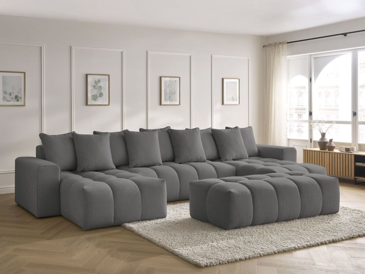 Canapé panoramique fixe MONT-BLANC tissu chiné avec pouf gris foncé   BOBOCHIC 6 places - Vue supplémentaire 3